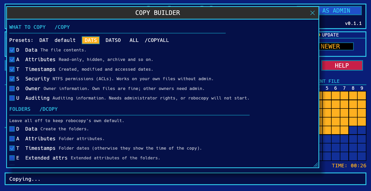 The COPY BUILDER window with the copy flags D A T S O U, each with a short description