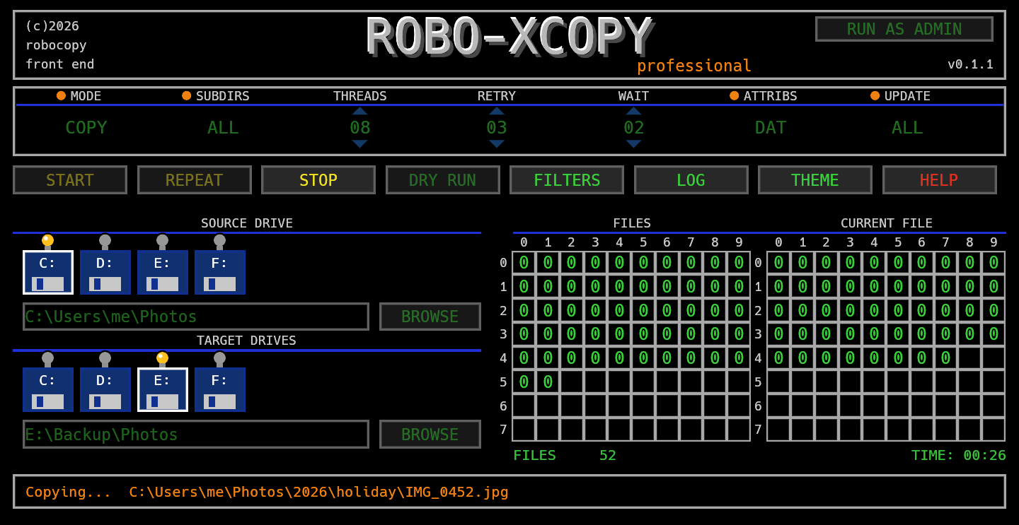 Robo-XCopy with the Classic X-Copy theme: black screen, silver frames, green values and zero marks in the track grids