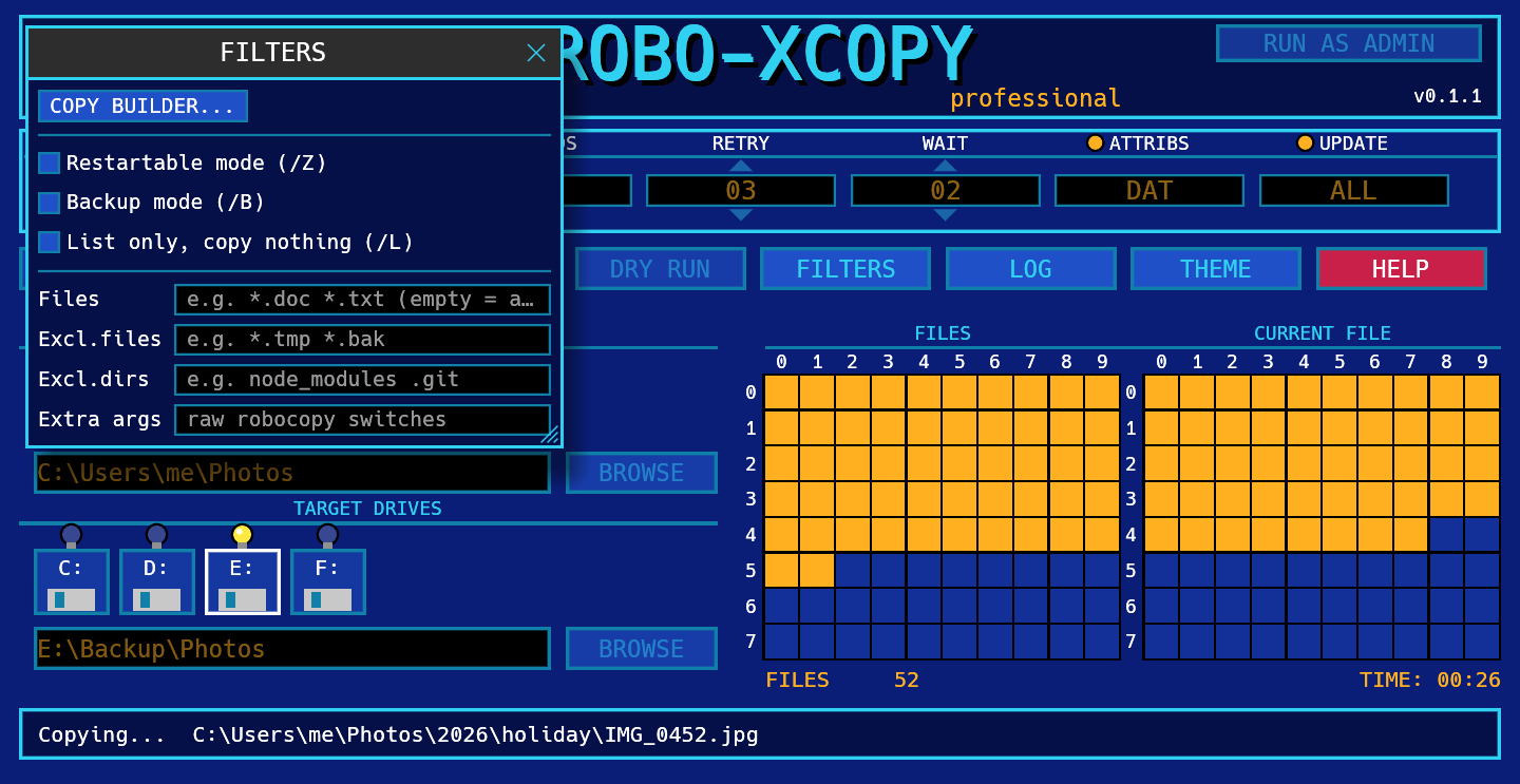 The FILTERS window with restartable, backup and list-only options and the mask and exclude fields