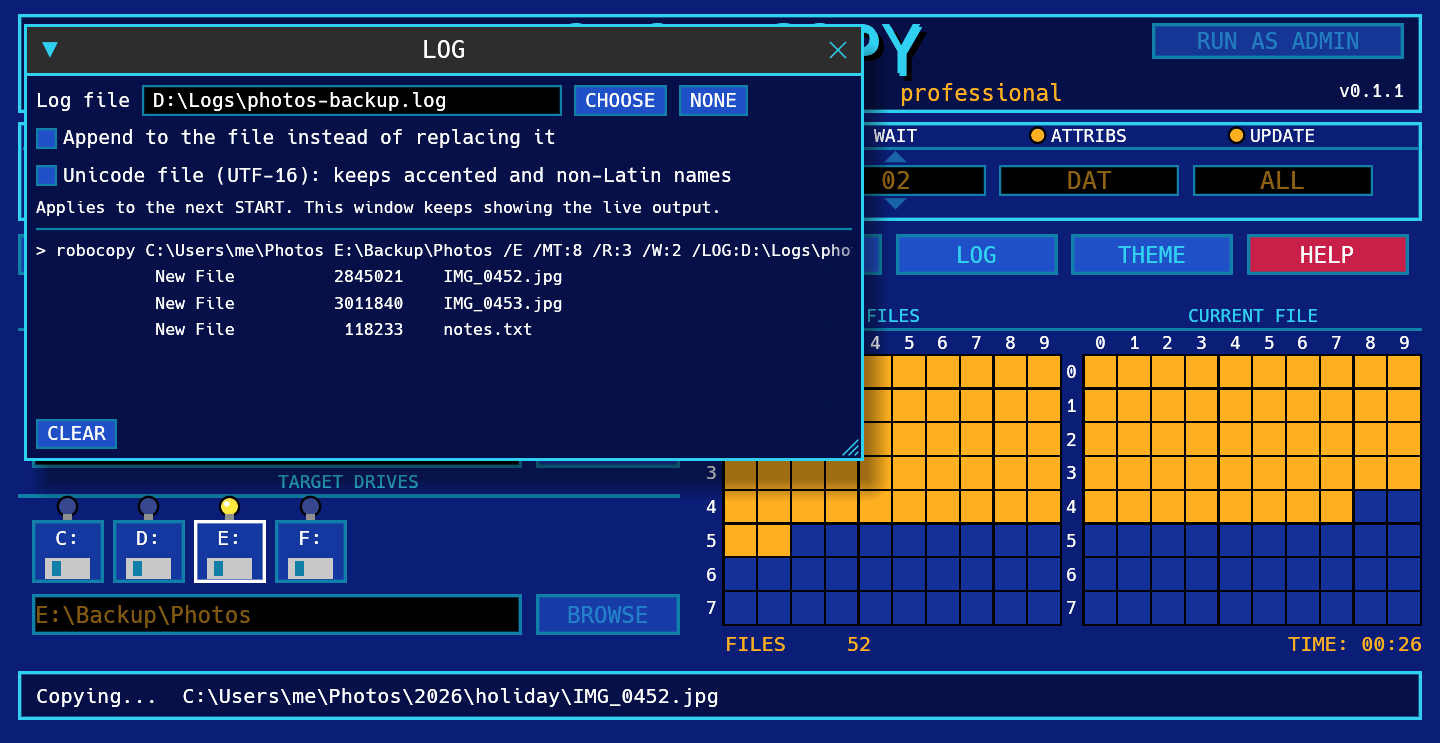 The LOG window with the log file path, CHOOSE and NONE buttons and the live output